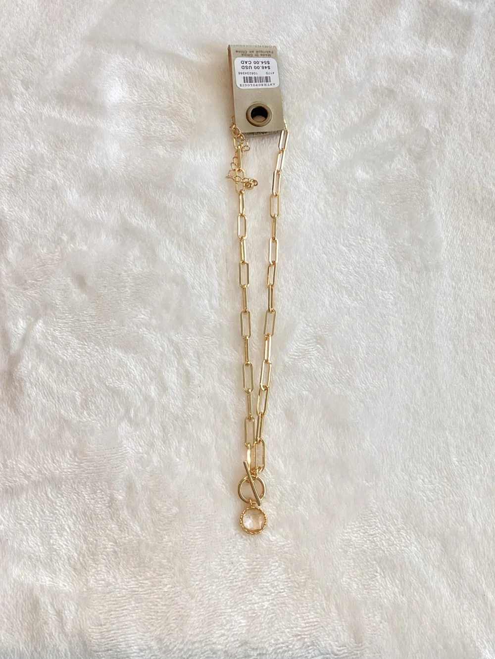 Anthropologie Gold Plated Pendant Necklace Clear Stone New 16” Link Chain